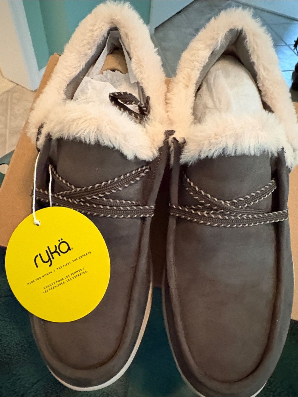 Ryka Faux-Fur Lined Slip-On Slippers in Taupe and Cream